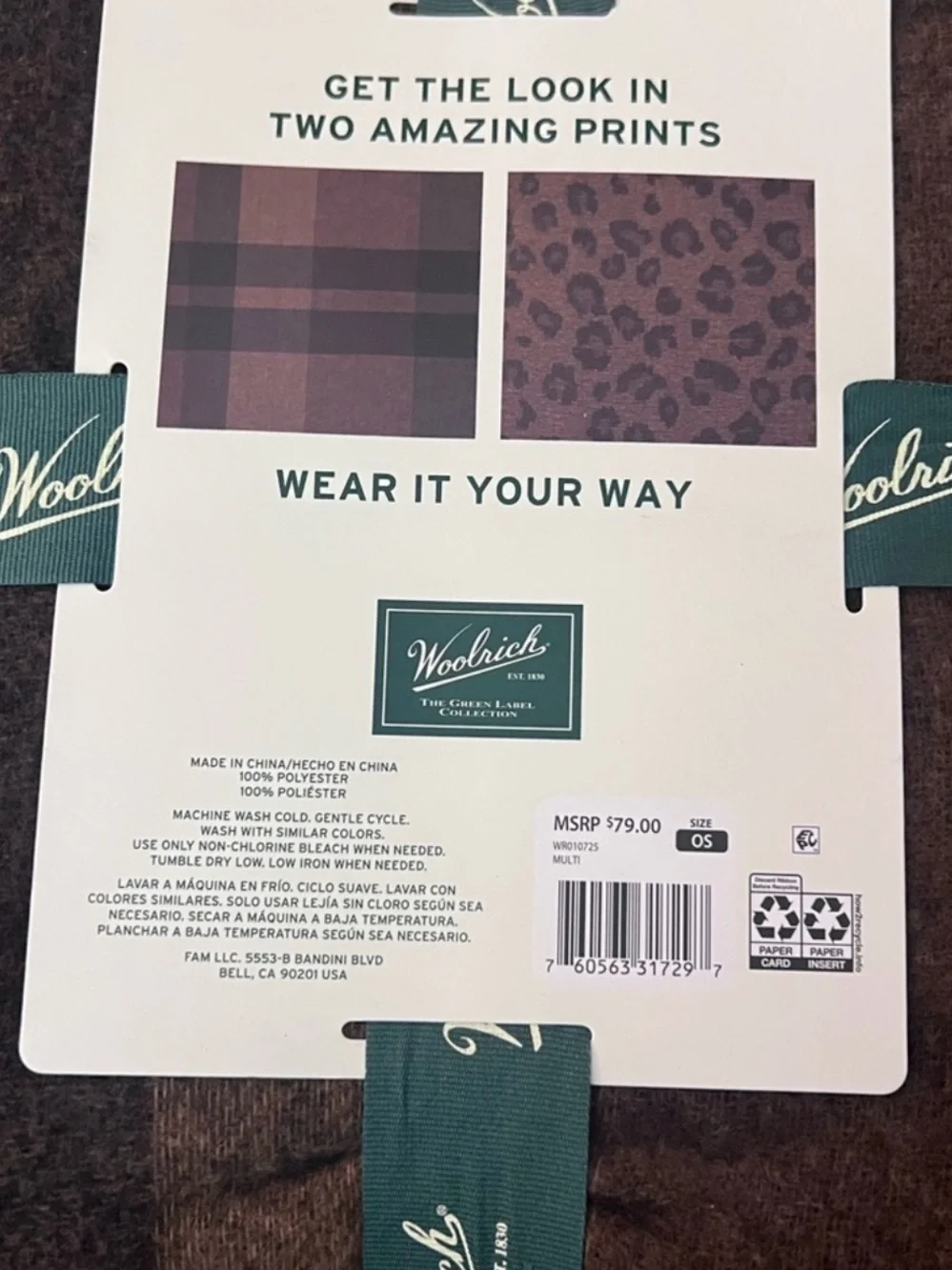 Woolrich Reversible Wrap Poncho Brown Plaid Leopard One Size NWT MSRP $79